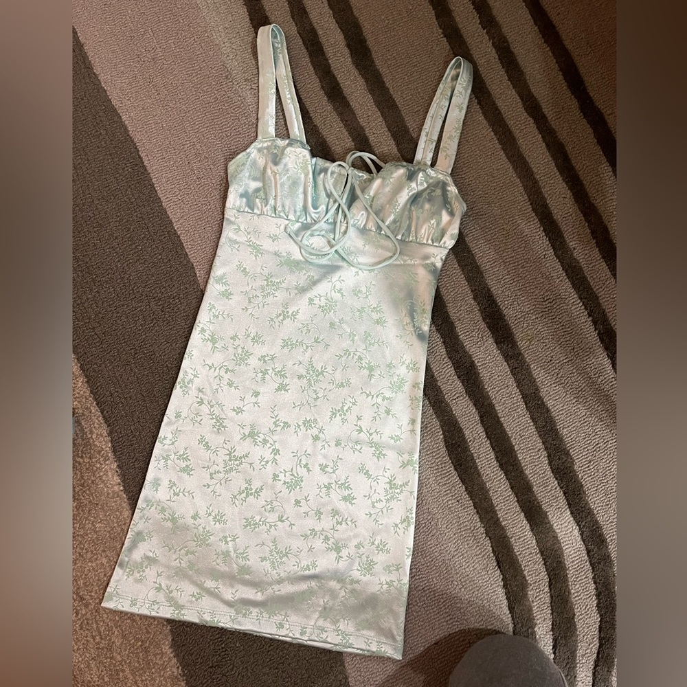 MOTEL XS Baby Blue Mini Dress. Satin-y with velvet floral design.